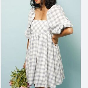 Storia Large Jolene Babydoll Dress Puff Sleeves Squareneck blue gray Plaid Check